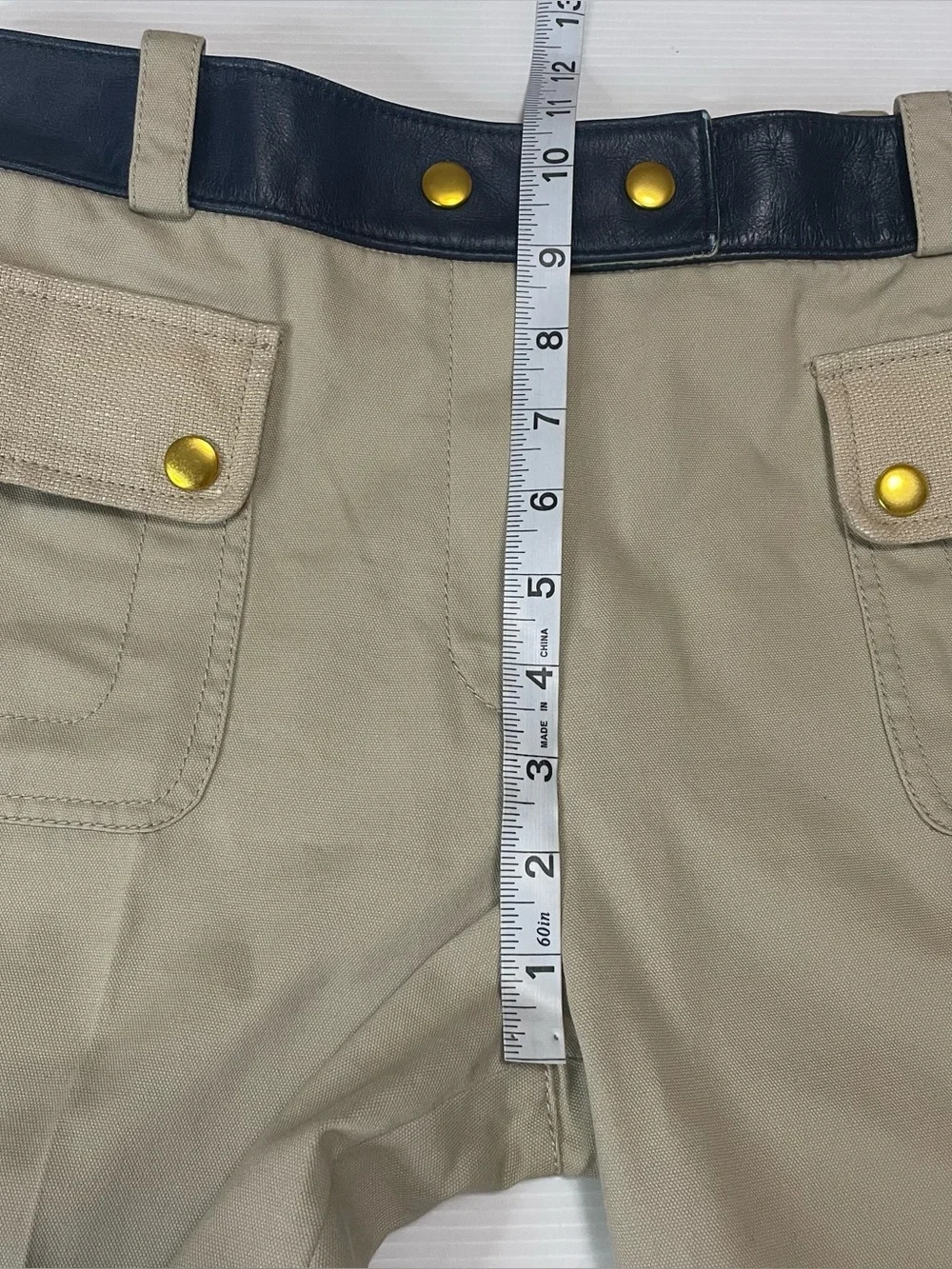 Tory Burch Women's Joss Safari Pants Khaki W/ Navy Leather Waistband Size 4